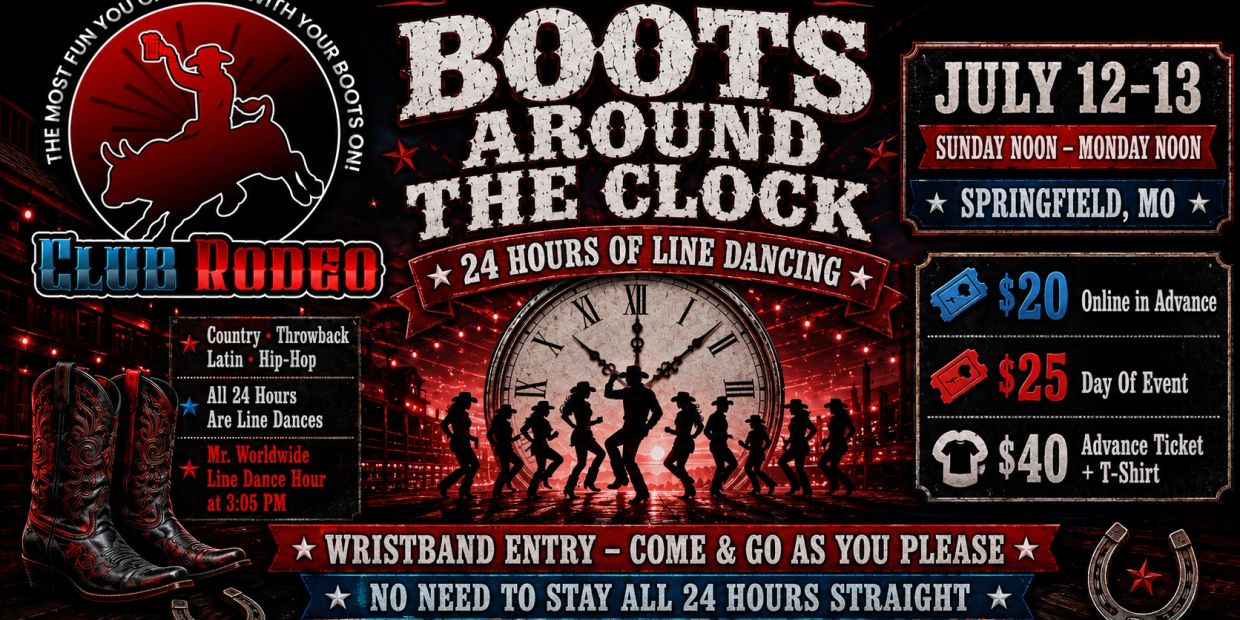 Flyer for Club Rodeo's 24-hour line dancing event in Springfield, MO on July 12-13.