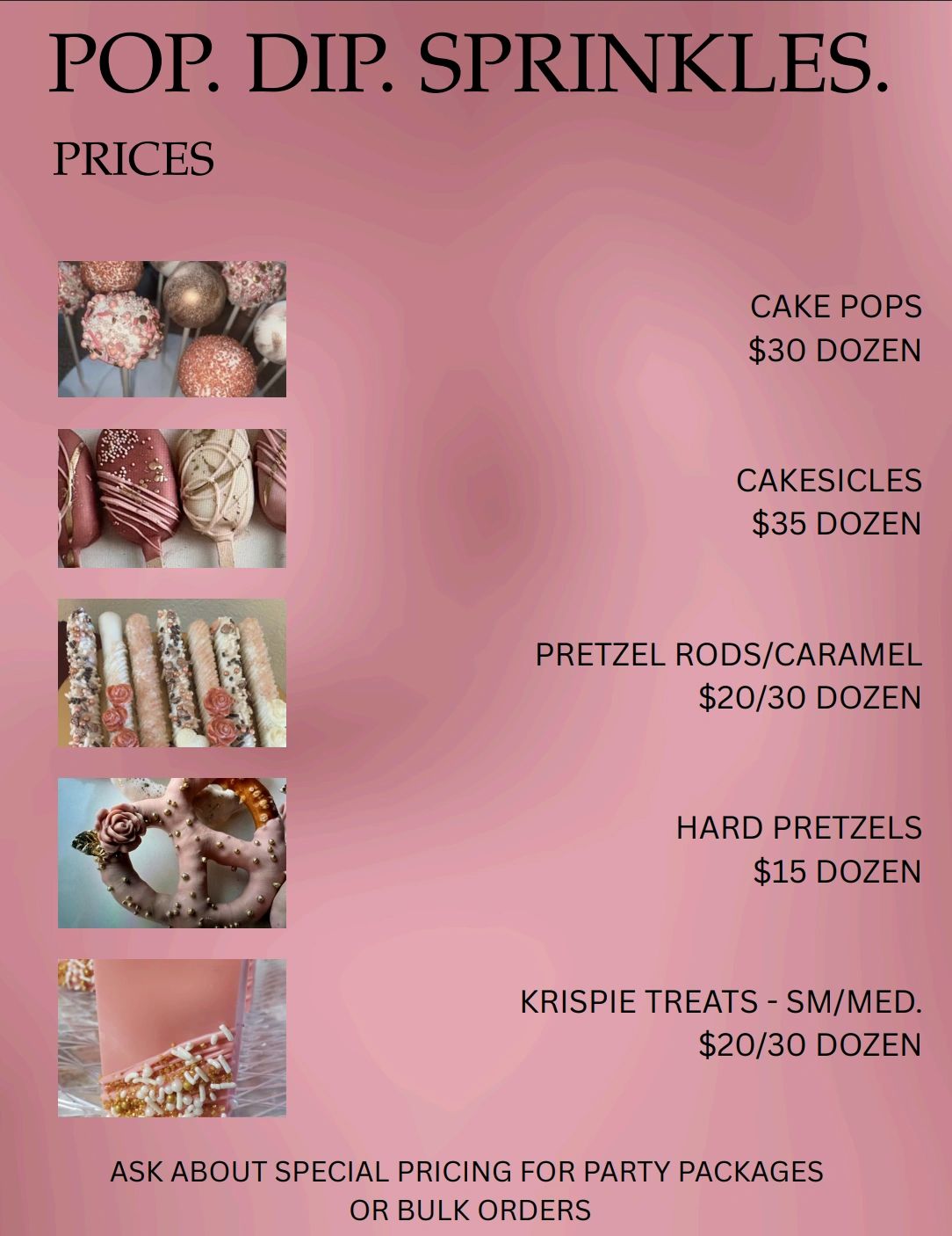 Menu with prices for cake pops, cakesicles, pretzel rods, hard pretzels, and Krispie treats.