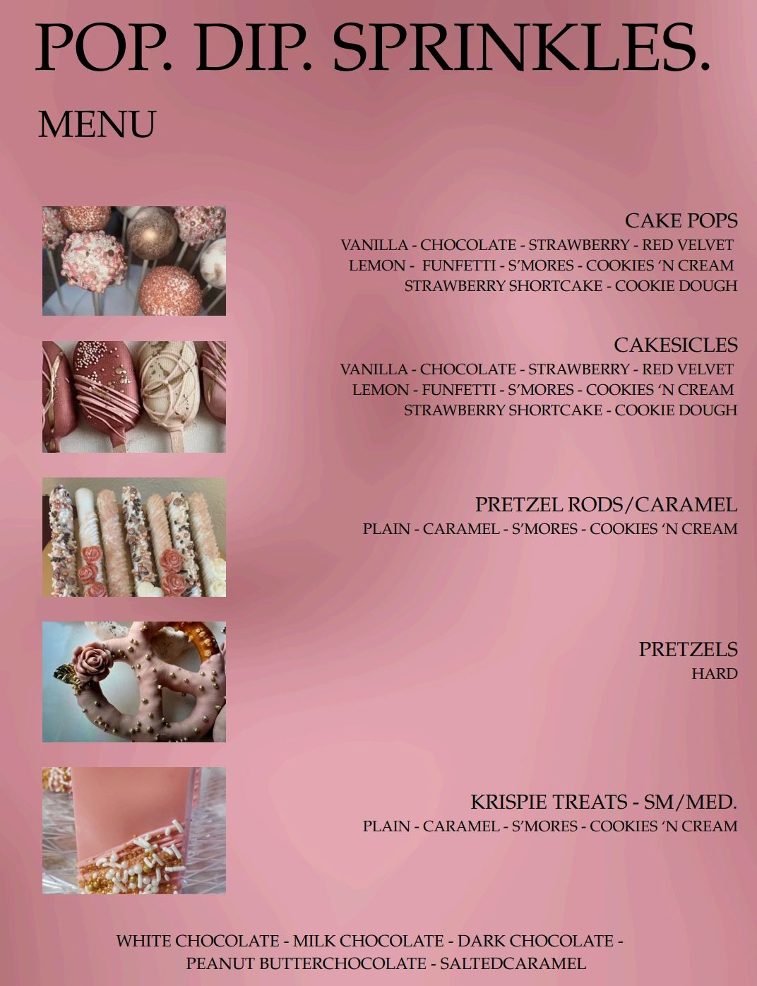 A dessert menu featuring cake pops, cakesicles, pretzel rods, pretzels, and Krispie treats in various flavors.