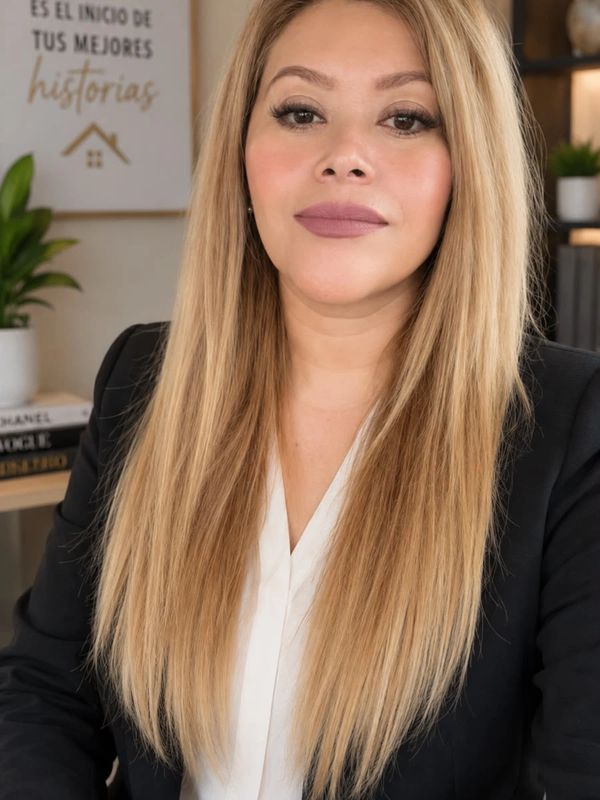 Mujer con cabello rubio largo y chaqueta negra.