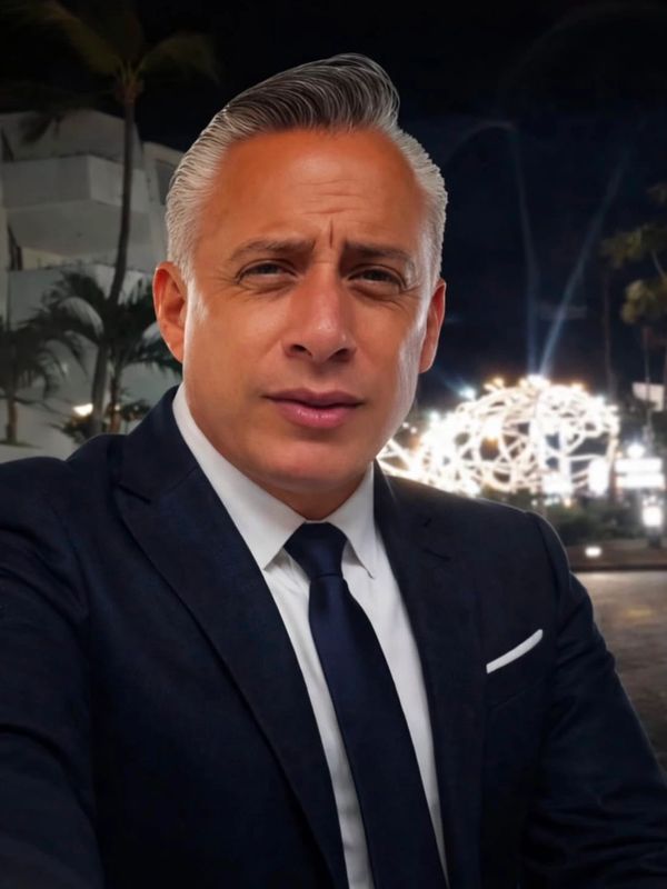 Hombre con traje formal en la noche.