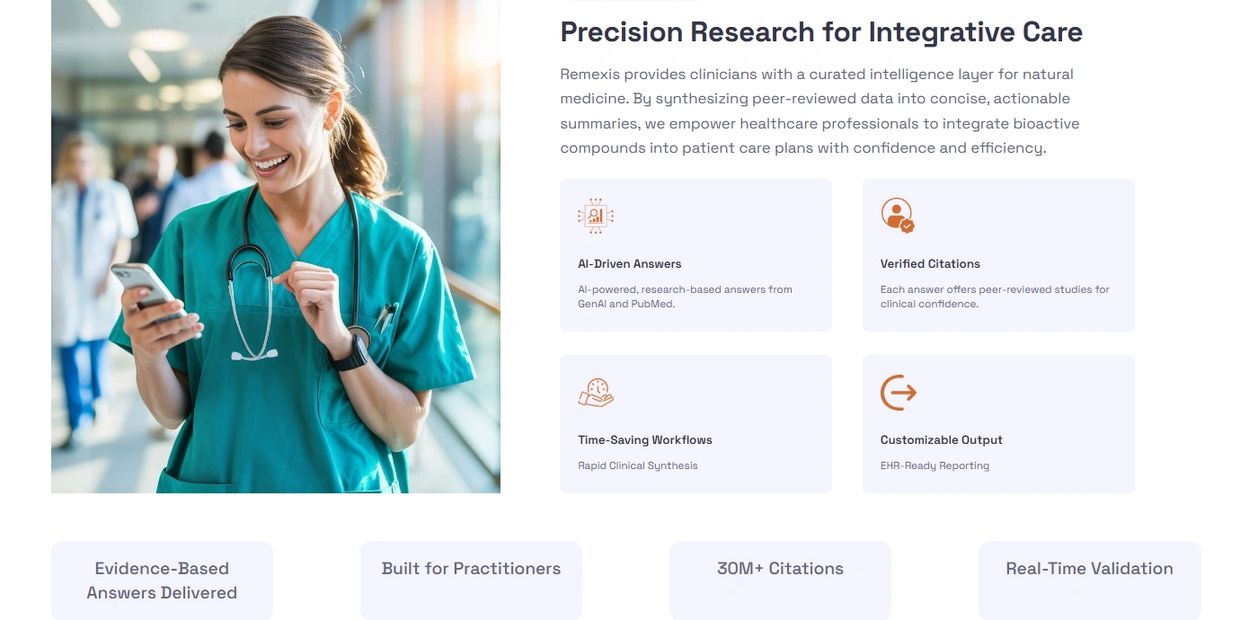 A smiling healthcare professional using a smartphone, promoting precision research for integrative care.