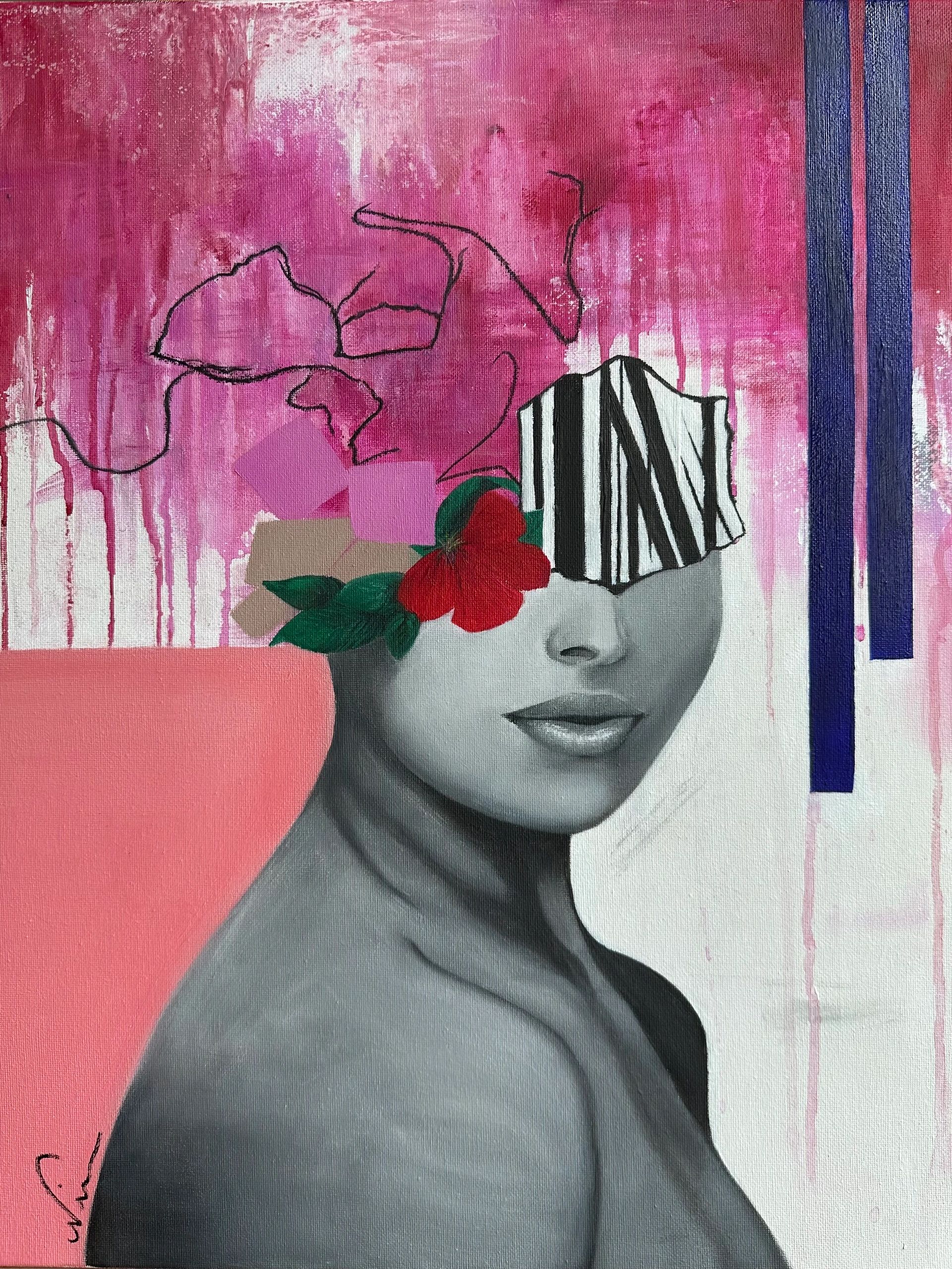 oil, portrait, acrylic, canvas, pink, abstract, flower, black and white, modern