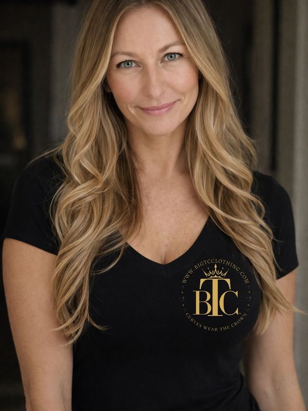 Smiling woman with long blonde hair wearing a black V-neck shirt.