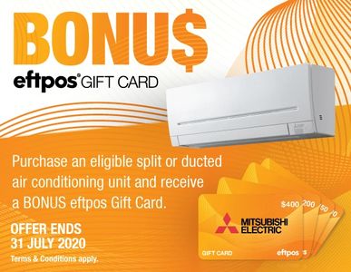 Mitsubishi Electric air conditioning eftpos gift card offer get up to $250 cash back until 31/07/20