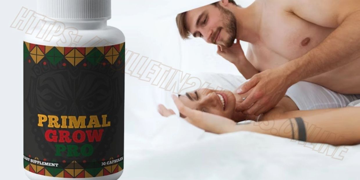 Primal Grow Pro supplement bottle with a happy couple in bed.
