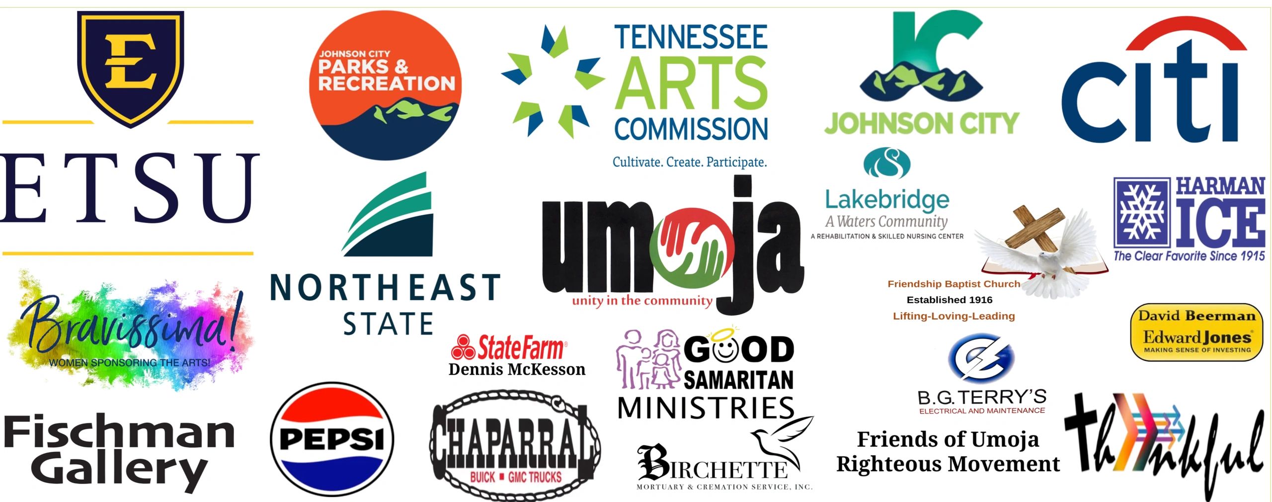 Collage of various organizational logos including ETSU, Pepsi, State Farm, and more.