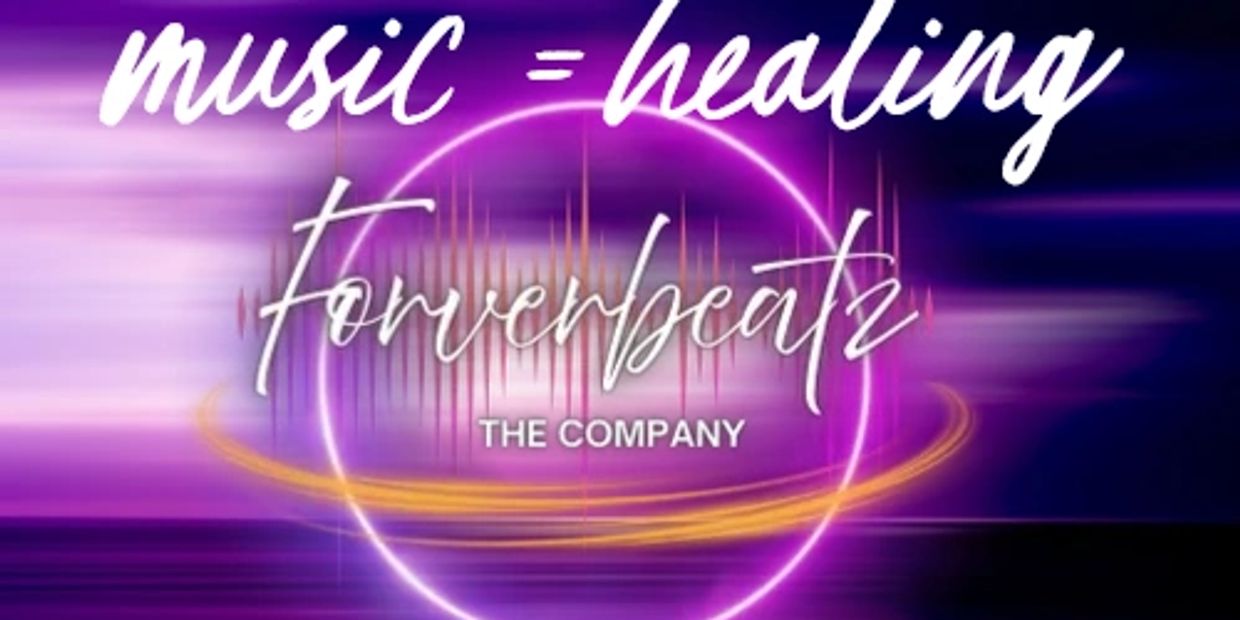 Music equals healing with a vibrant purple and orange neon theme.