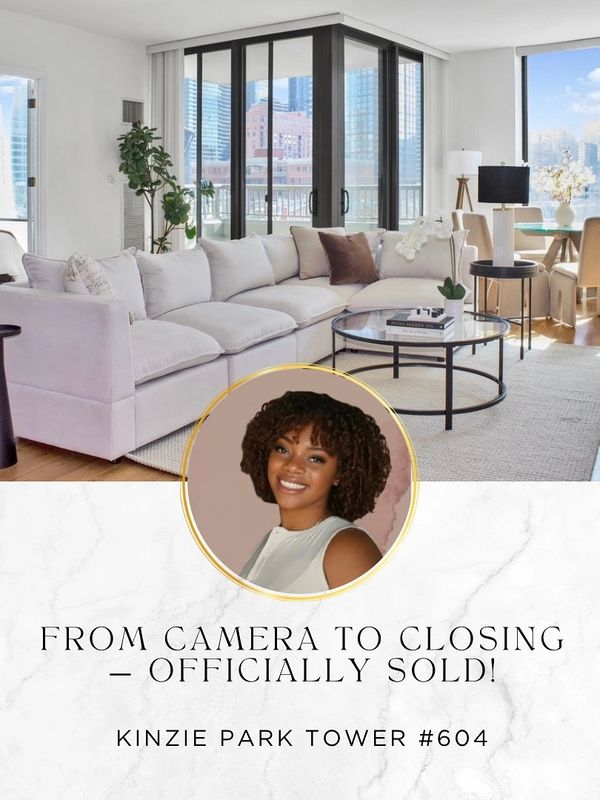 Modern living room in Kinzie Park Tower #604, now officially sold.