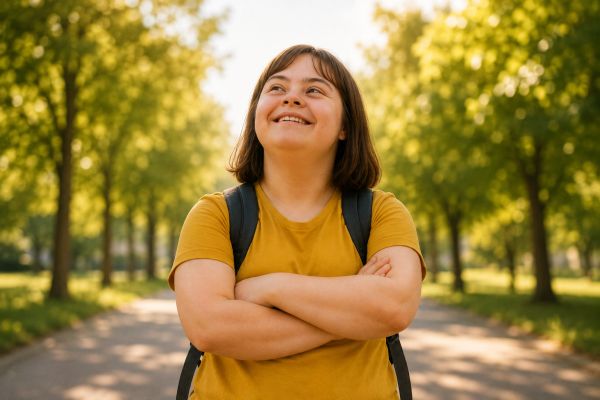 Smiling young woman with arms crossed outdoors.