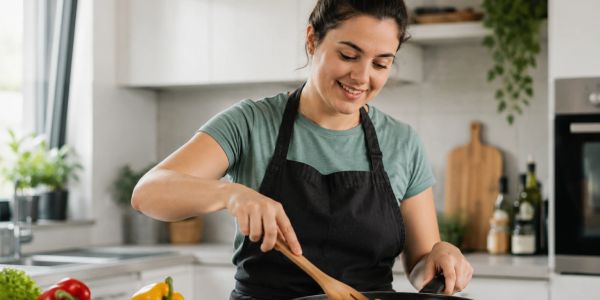 Woman cooking in a modern kitchen, smiling.