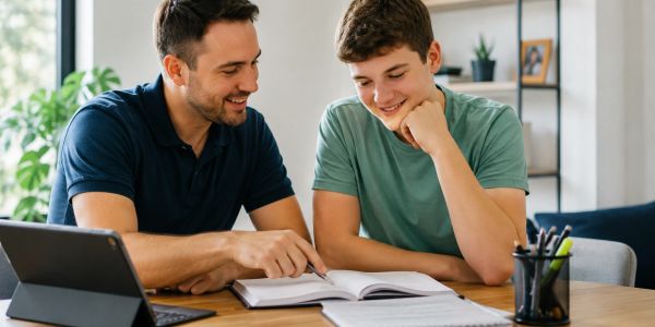 Man helping a boy with homework.