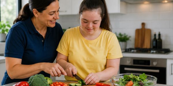 Woman helps girl with cooking in the kitchen.