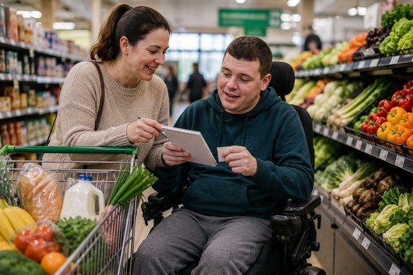 Woman and man in wheelchair shopping together.