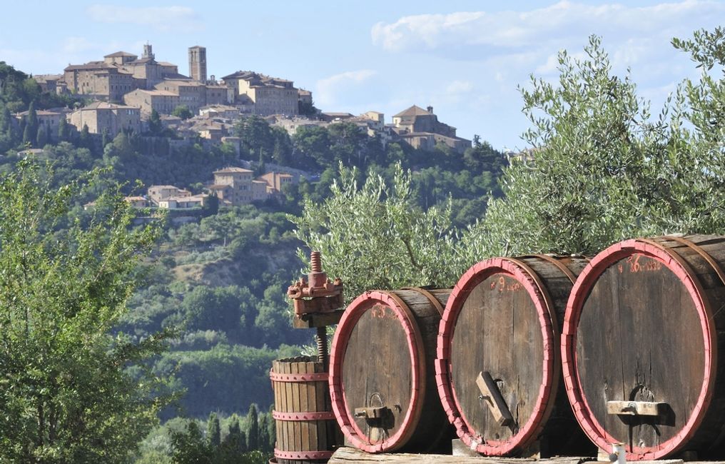 The hill town of Montepulciano… and, below, its famous wine