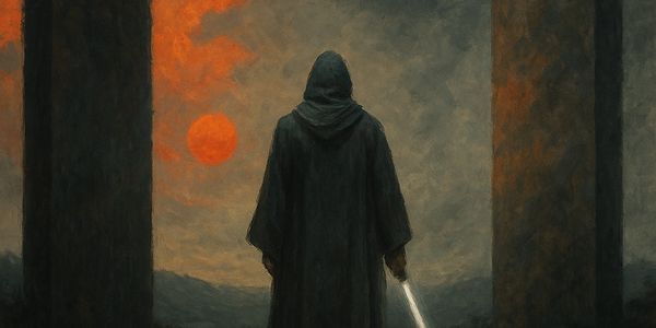 A hooded figure holding a glowing sword stands between two monoliths at sunset.