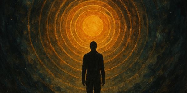 A silhouette stands before glowing concentric circles of light in darkness.