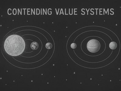 Chalk drawing of two solar systems titled 'Contending Value Systems'.
