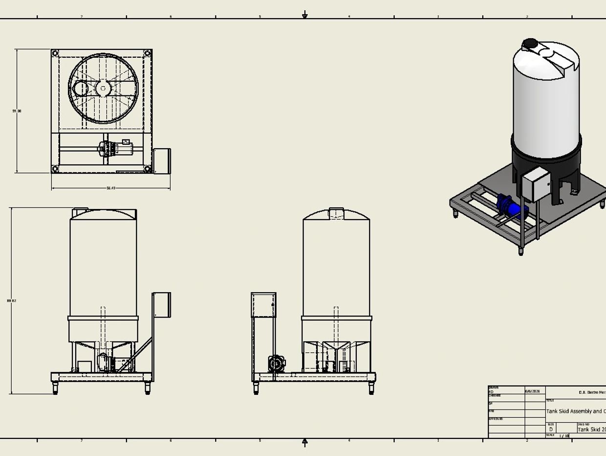 3D technical drawing of a 200-gallon tank skid assembly with multiple views and dimensions.