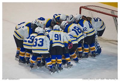 Hockey team huddling together on ice near the goal.