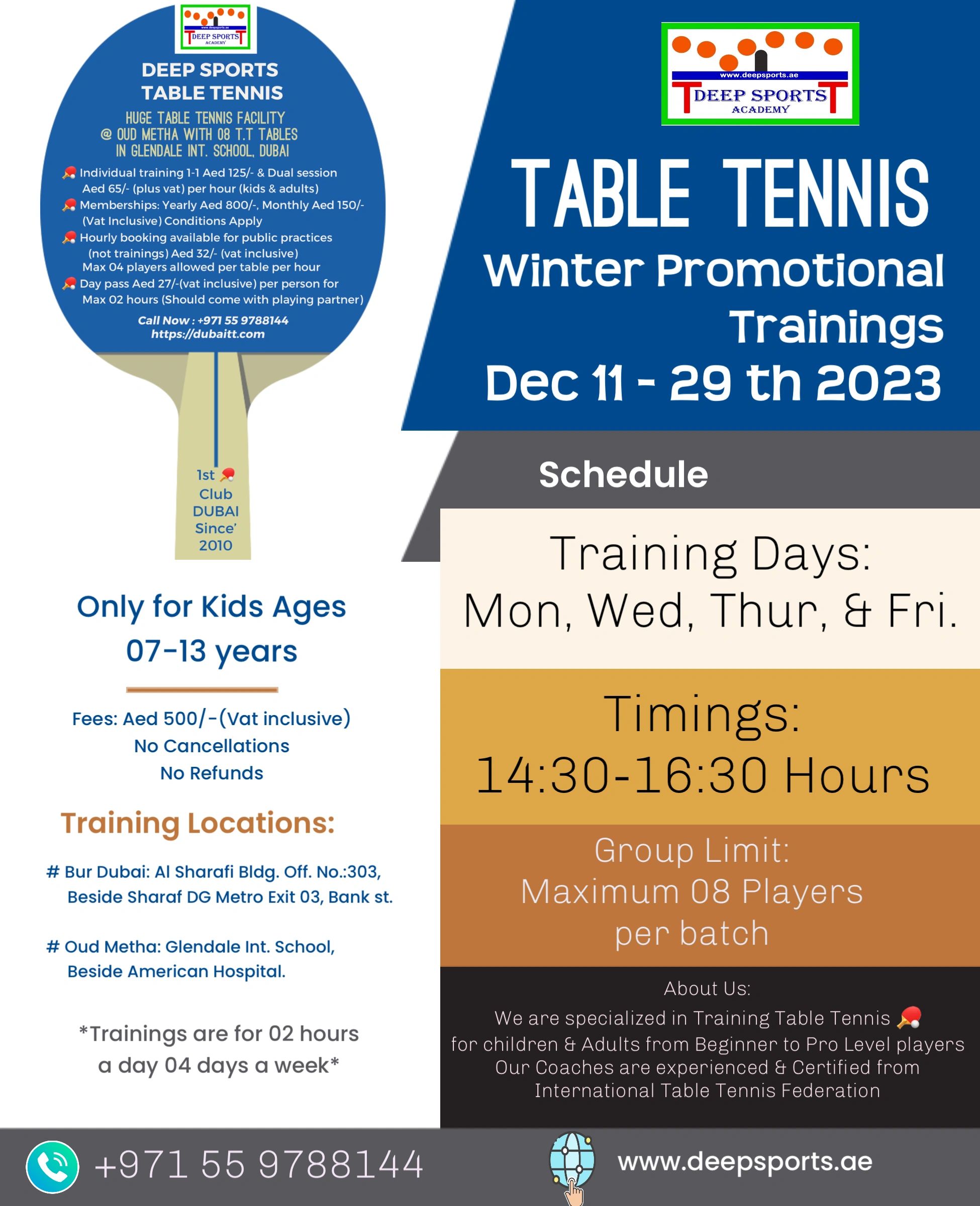 Winter Promotional Table Tennis Training for kids ages 07-13 years from Dec 12th-29th 2023. 