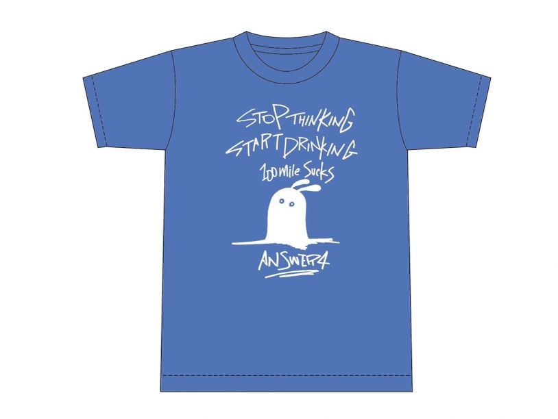 Blue T-shirt with white graphic and text encouraging drinking over thinking.