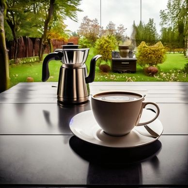 coffe on patio over looking the backyard in the morning