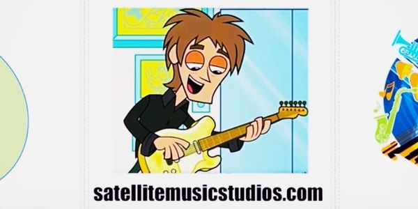 Cartoon character playing an electric guitar with a joyful expression.
