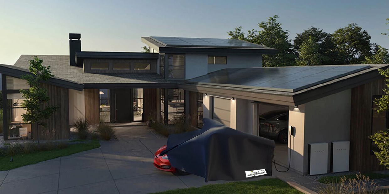 Modern house with solar panels and electric cars.
