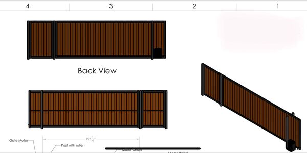 Technical drawing of custom wood and steel sliding gate with dimensions.