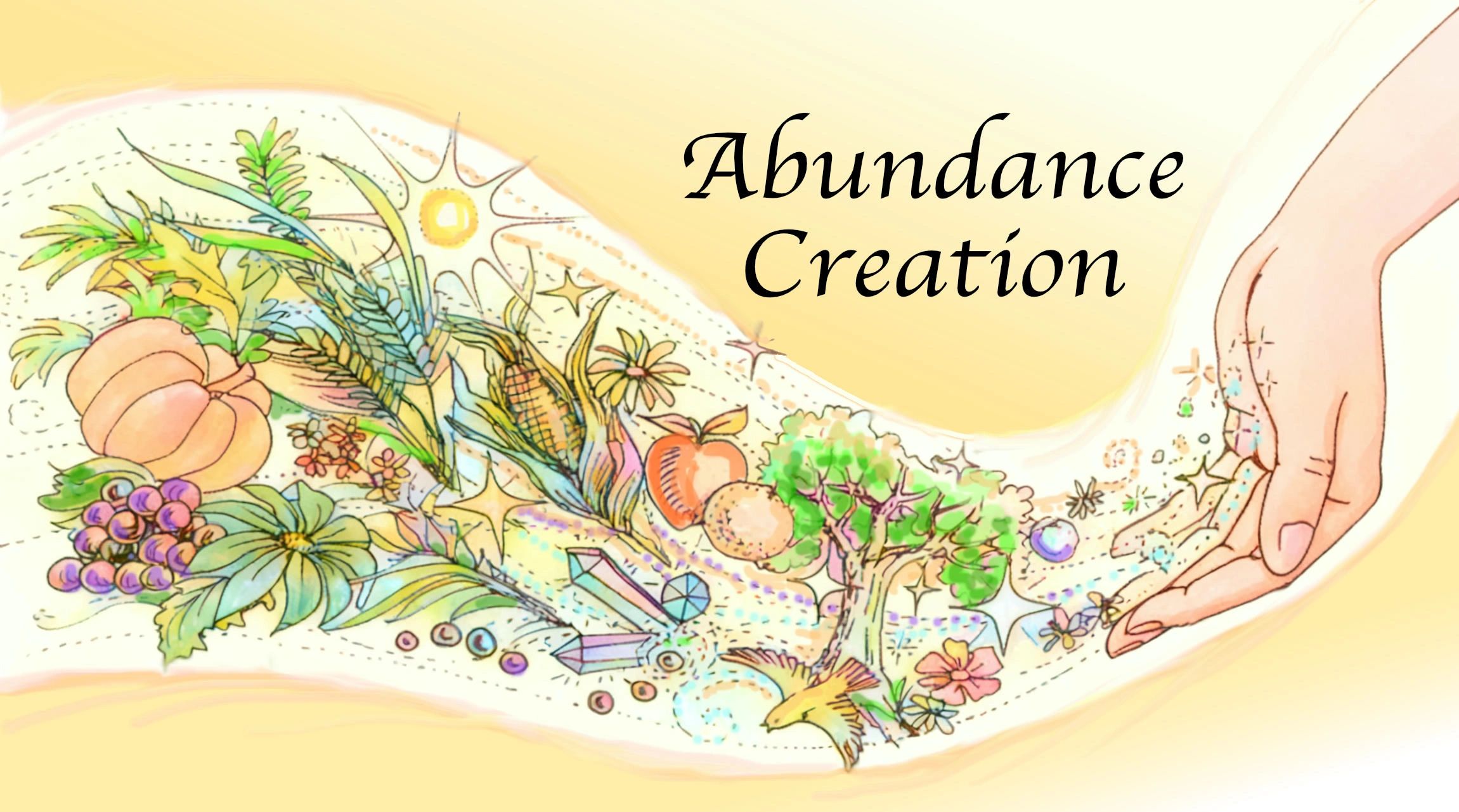 Hand creating abundance with nature and crystals.