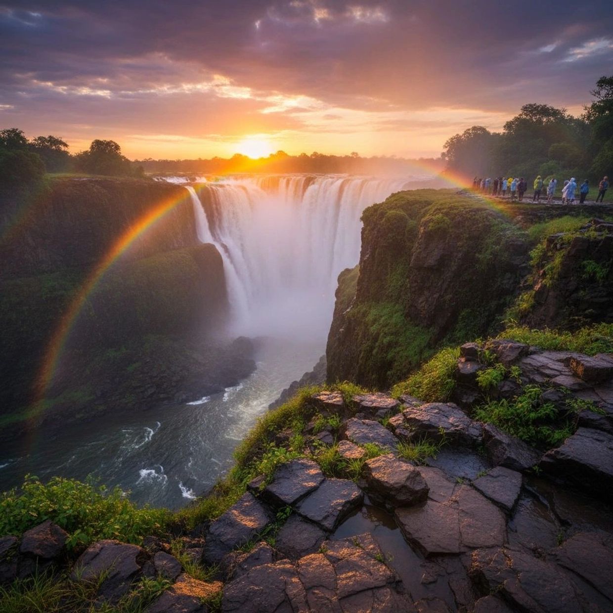 Scenic waterfall with a rainbow at sunset and people overlooking.