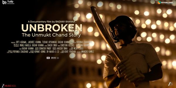 Poster of the documentary film "Unbroken" featuring a silhouette of a man holding a cricket bat.