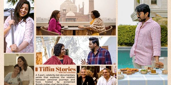 Collage of scenes from a documentary about food and personal journeys.