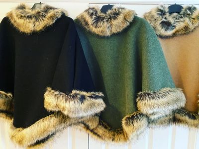 Luxurious Faux-Fur Poncho available in Black, Sage Green or Camel. 