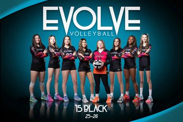 Evolve Volleyball team posing confidently in uniforms against a blue backdrop.