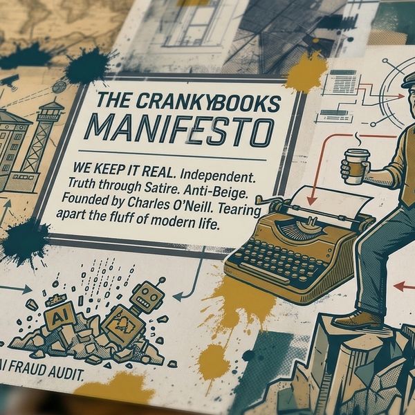 Illustrated manifesto featuring a stern man, a typewriter, and themes of satire, AI fraud, and authenticity.
