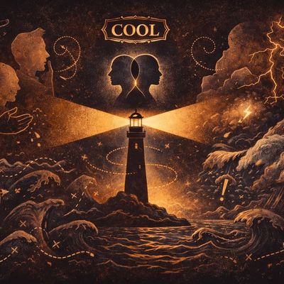 A lighthouse illuminates stormy seas with faces and symbolic shapes in the sky.