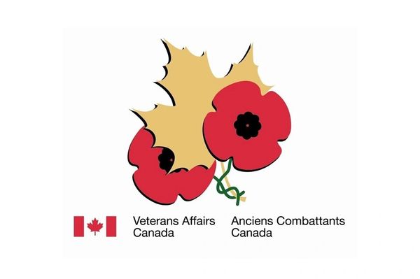Logo of Veterans Affairs Canada featuring red poppies and a maple leaf.