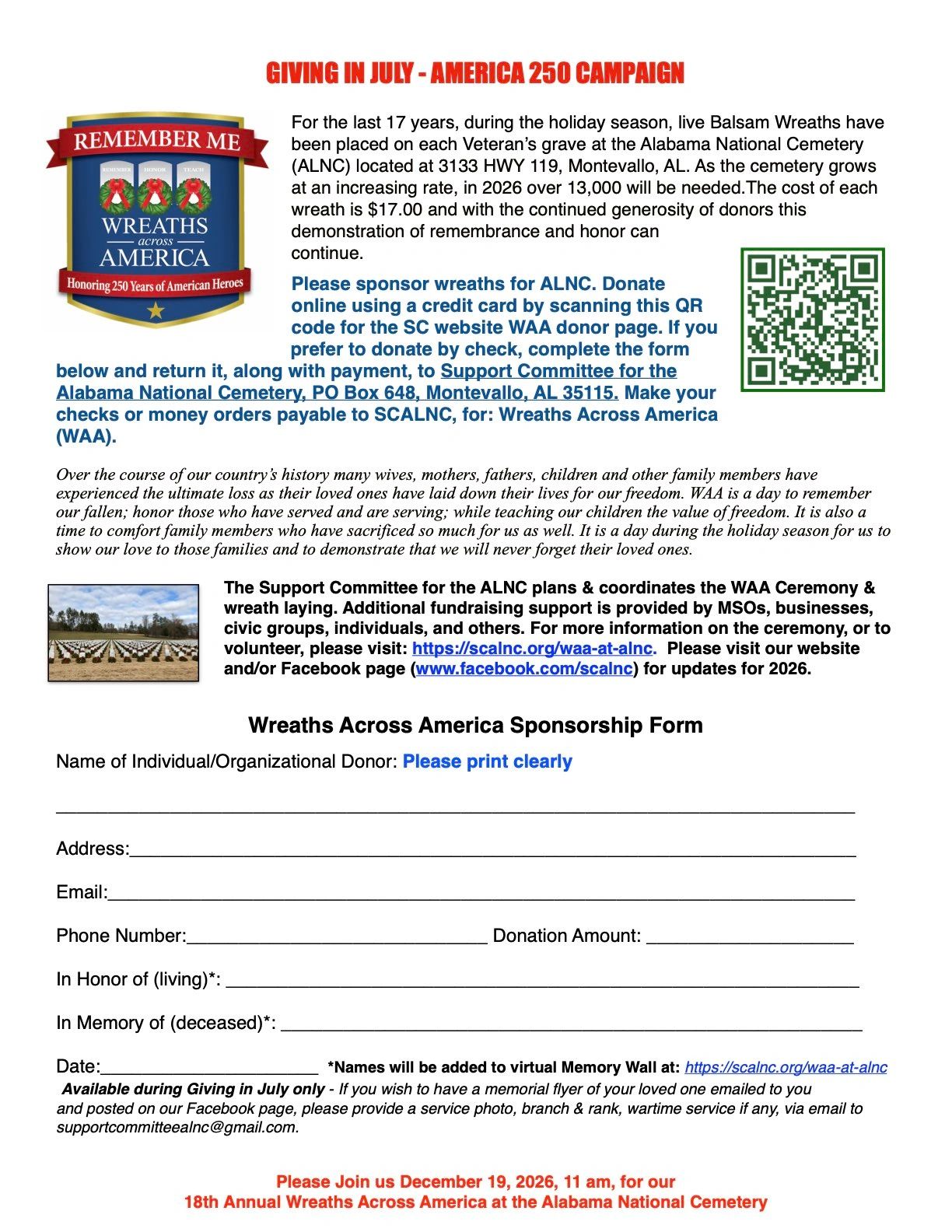 America 250 WAA Giving in July Campaign for ALNC is Underway