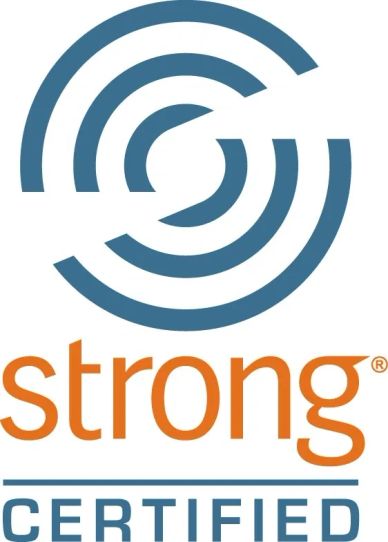 Strong certified logo with circular design and text.
