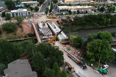 A birds eye view of the 27th St bridge getting moved into place.
