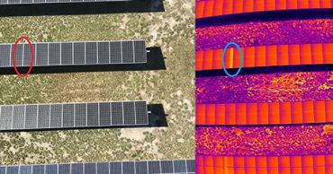 Color and thermal side-by-side images with a circle showing the anomaly within a PV panel