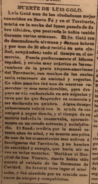 Louis Gold obituary in Spanish, Santa Fe Weekly New Mexican, Jan 10, 1880