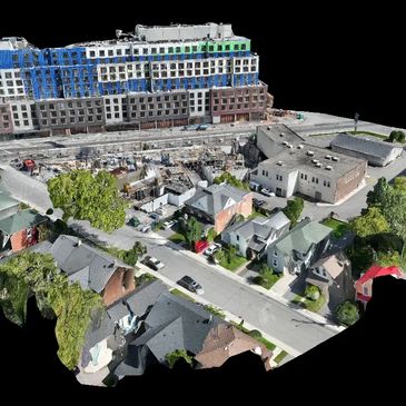 3D aerial view of a residential and construction area.