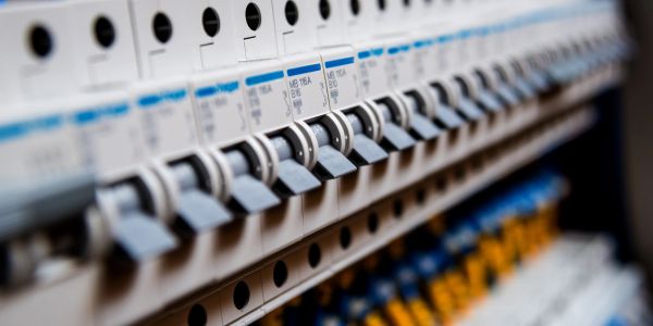Close-up of electrical circuit breakers.