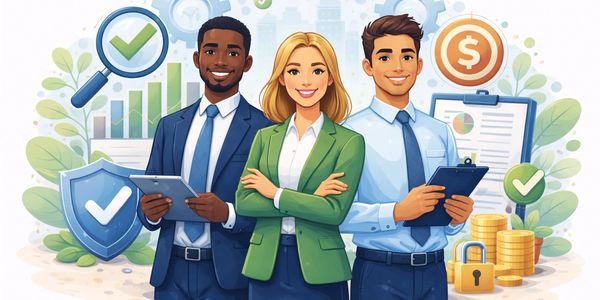 Three confident professionals with financial and security icons in the background.