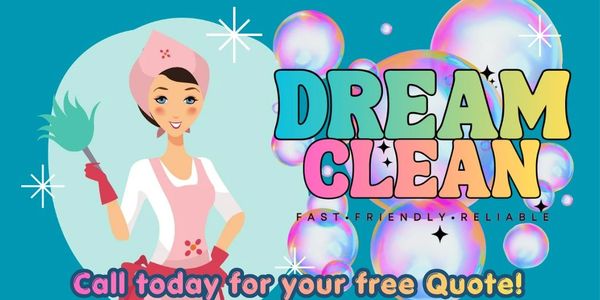 Colorful ad for Dream Clean cleaning service with a woman holding a duster.