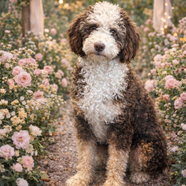 Curly-haired dog sitting on a path surrounded by blooming flowers.