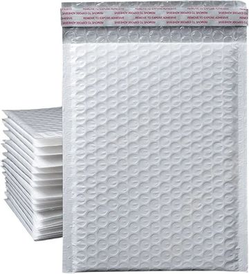 Stack of white bubble mailer envelopes with peel-and-seal adhesive.